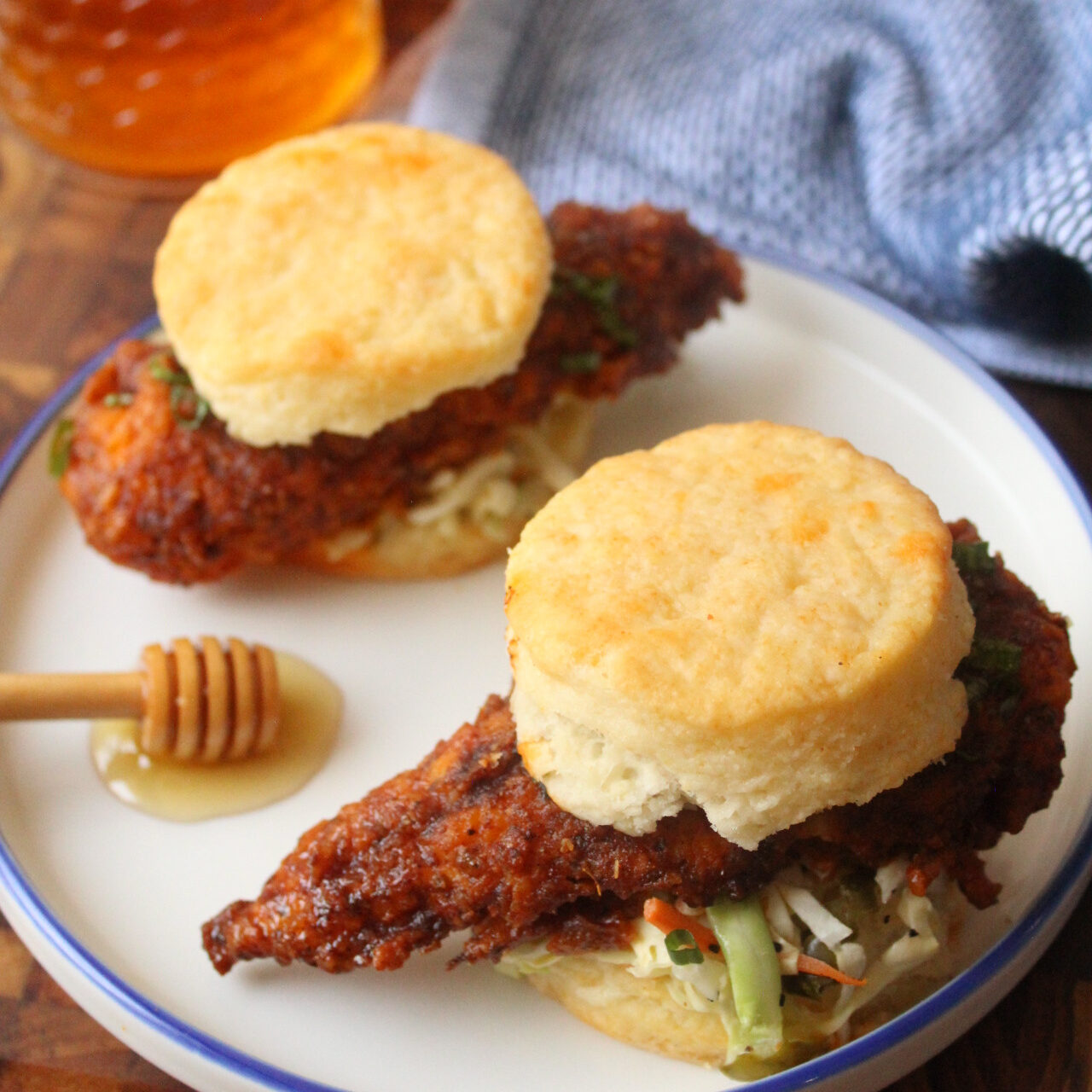 Nashville Hot Honey Chicken Biscuits with Dill Pickle Slaw