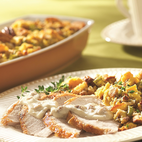 Cornbread Pecan Stuffing With Creamy Sausage Gravy