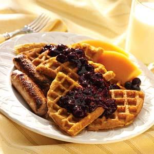 Lemon Poppyseed Waffles with Blueberry Sauce