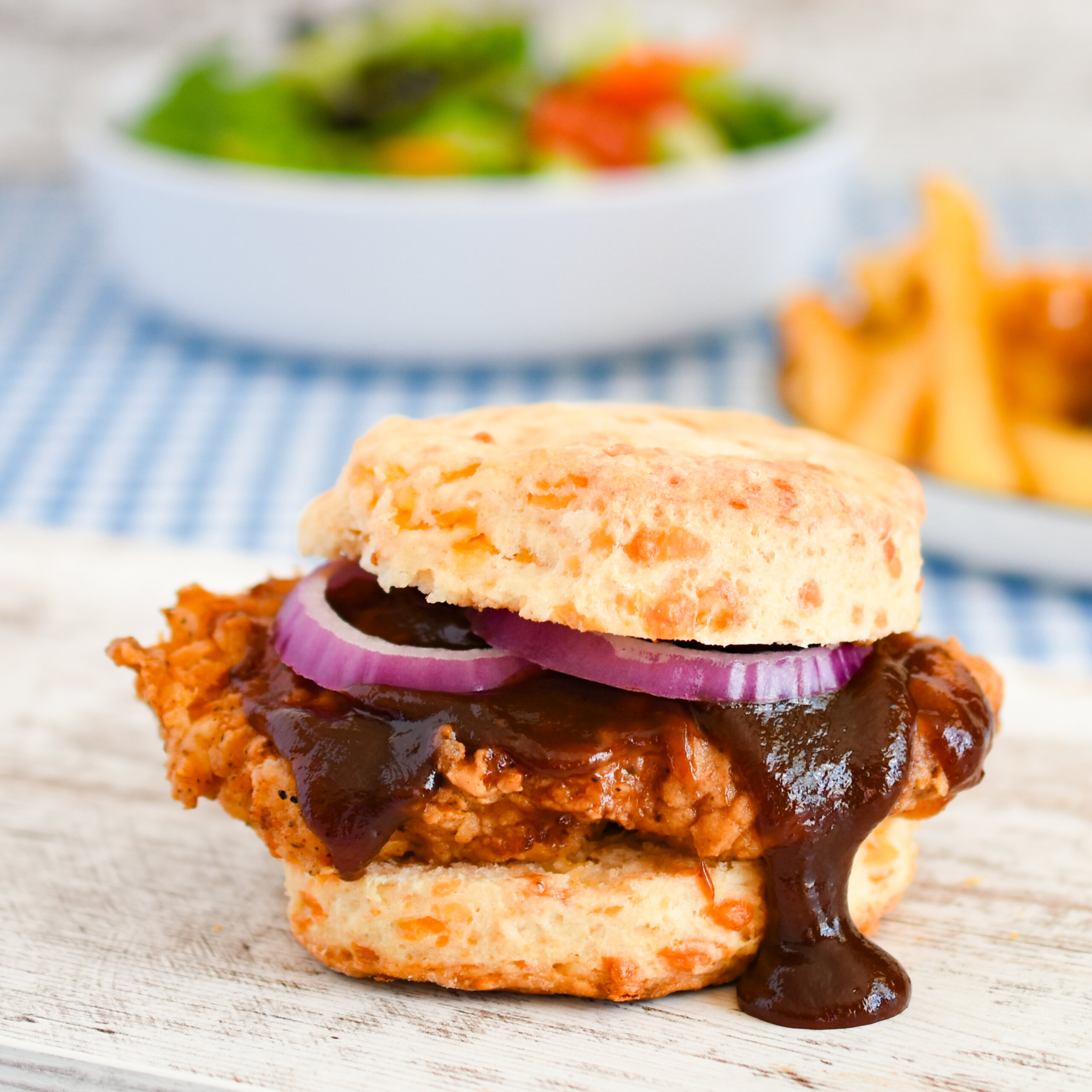 BBQ Fried Chicken Sandwich on a Cheddar Biscuit